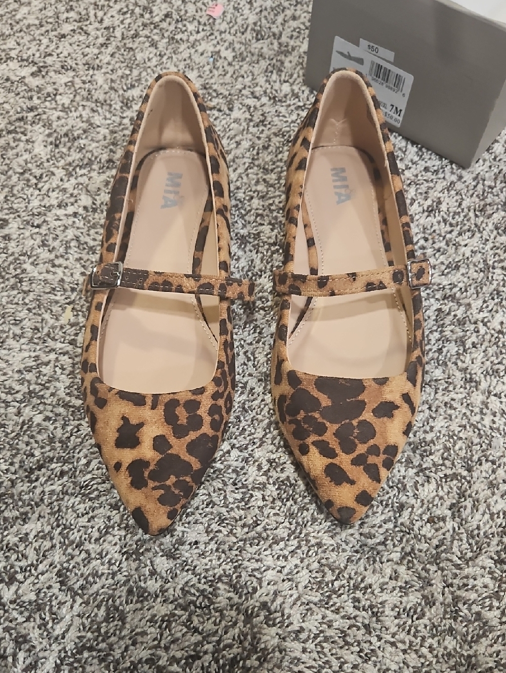 MIA Leopard Print Pointed Mary Jane Flats - Tan & Black
